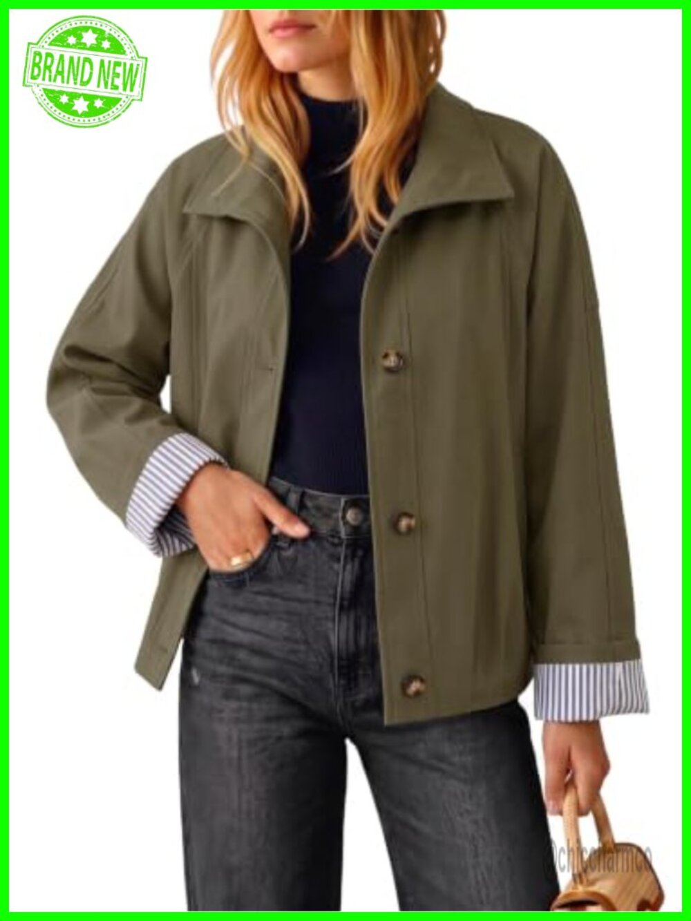 Women's Cropped Trench Coat Oversized Drop Shoulder Long Sleeve Button Front